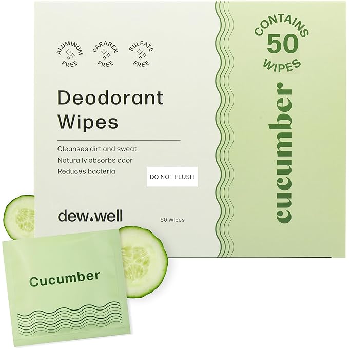 ديو ويل مناديل مزيل العرق Dew Well Refresh - 50 مناديل مبللة ملفوفة بشكل فردي للجسم والوجه والإبطين - مستلزمات تجميل بحجم السفر للرجال والنساء - خالية من الألمنيوم، البارابين، والكبريتات (رائحة الخيار) - Image 1